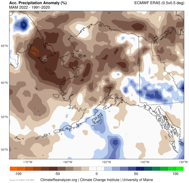 Spring 2022 Precipitation departure from normal (in percent) across the state of Alaska.  Gridded data are from the fifth generation ECMWF atmospheric reanalysis (ERA-5); Source: Climate Reanalyzer.