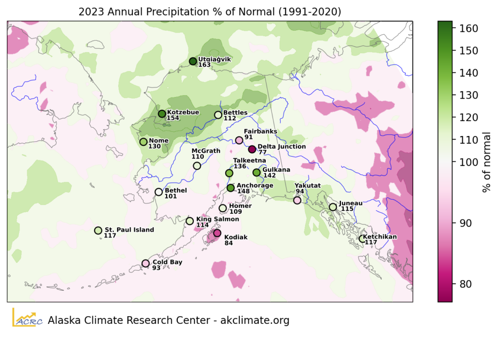 2023 percentage deviation from 1991-2020 normal precipitation in Alaska. Mostly wetter than average in the north and northwest, drier in the southwest.