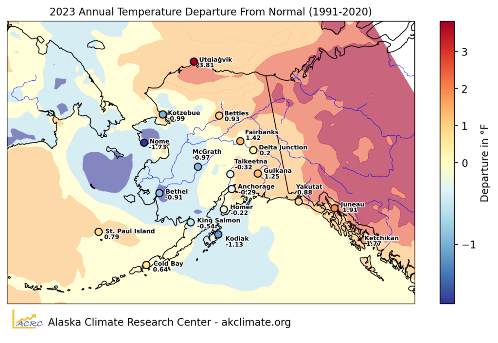 2023 temperature deviations from the 1991-2020 climate normal period in Alaska. 2023 was cooler than normal in the west, warmer in the east and north.